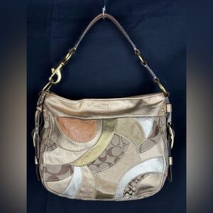 Coach Zoe Signature Patchwork Metallic Gold Leather & Canvas Hobo EUC